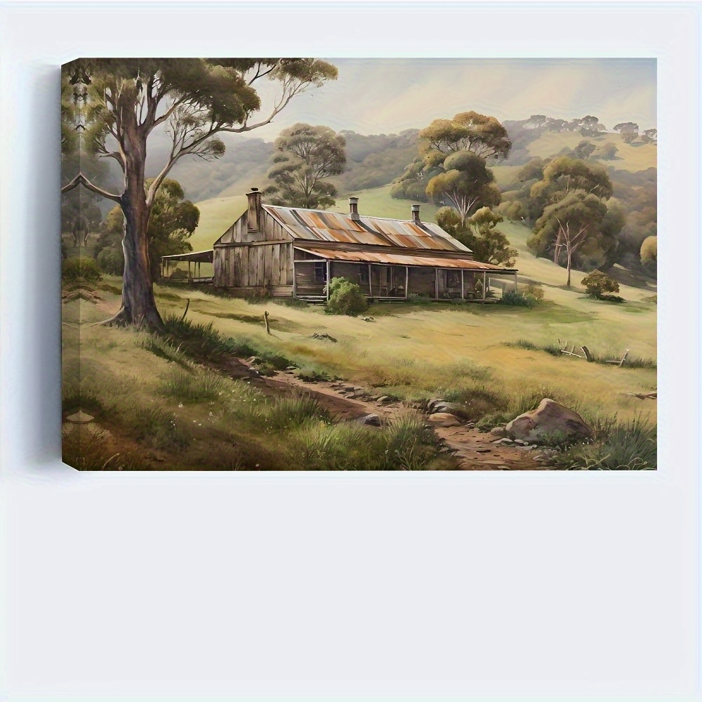 TEMU 2d Flat, 2d Flat, 1pc Vintage Australian Canvas Artwork Featuring A Rustic Wooden Frame, Depicting A Countryside With Rolling Hills And An Old