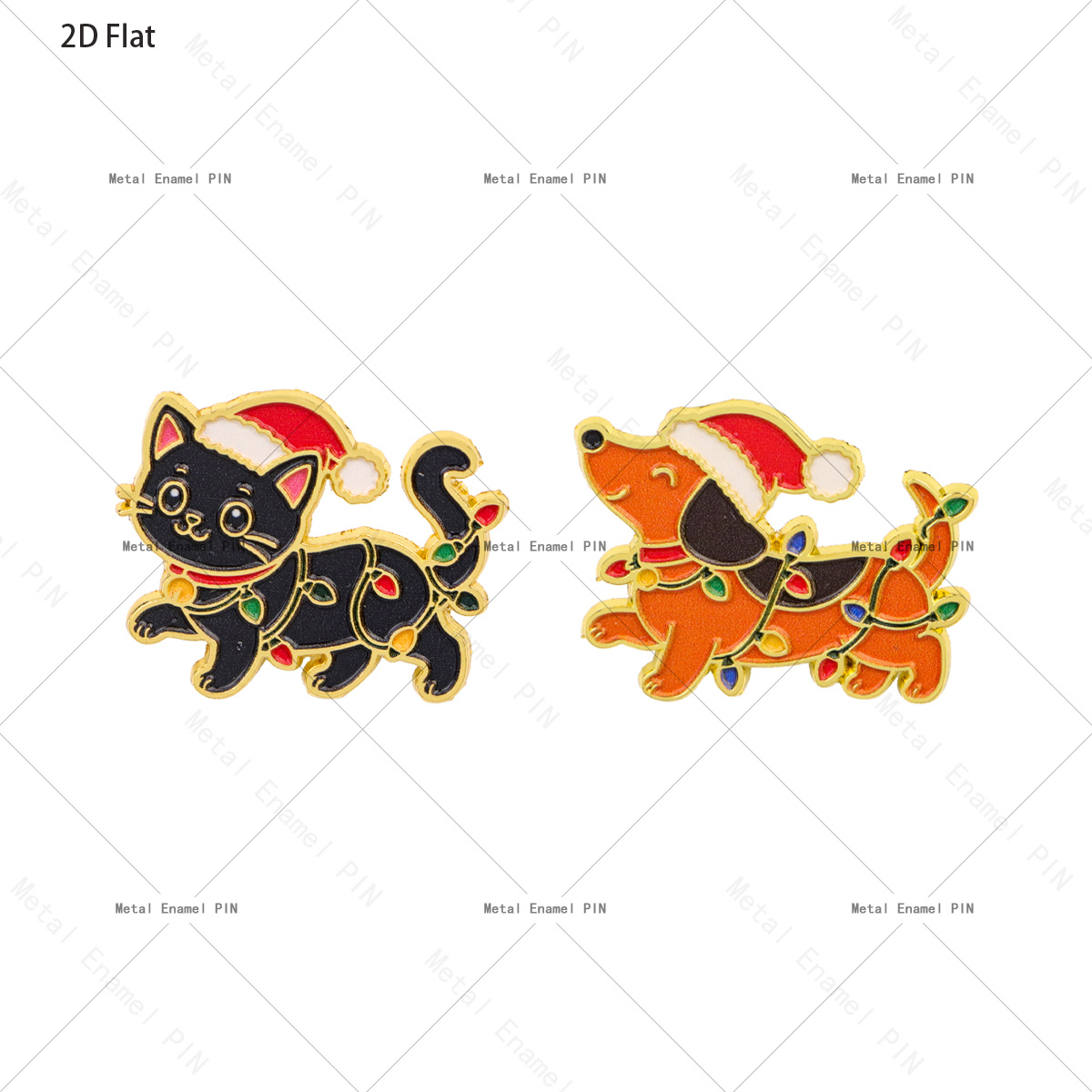 TEMU 2d Flat 2pcs Christmas Cat And Dog Enamel Pins Cute Black Cat Dachshund With Santa Hat Xmas String Lights Alloy Lapel Brooch Badge, Holiday