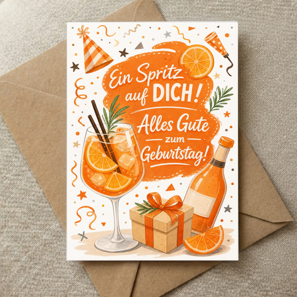 Festive Birthday Greeting Card With Envelope Included For Adult Recipient Featuring Orange Cocktail And Gift Vibrant Graphic Pattern For Celebration