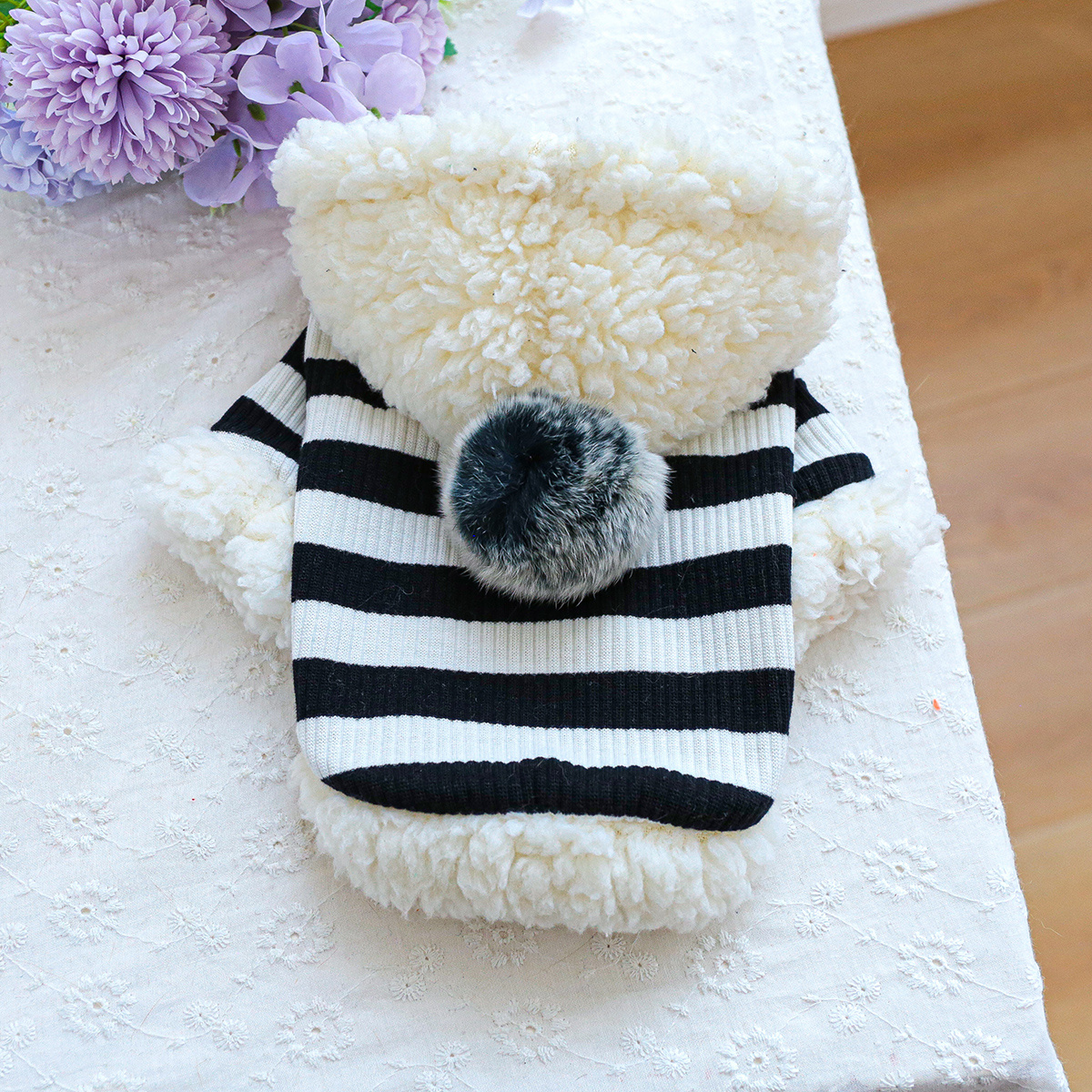 TEMU Plushball Hooded Pet Sweatshirt, Black And White Striped -lined Dog Clothes, Teddy Chihuahua Cat Autumn/winter Warm Pullover