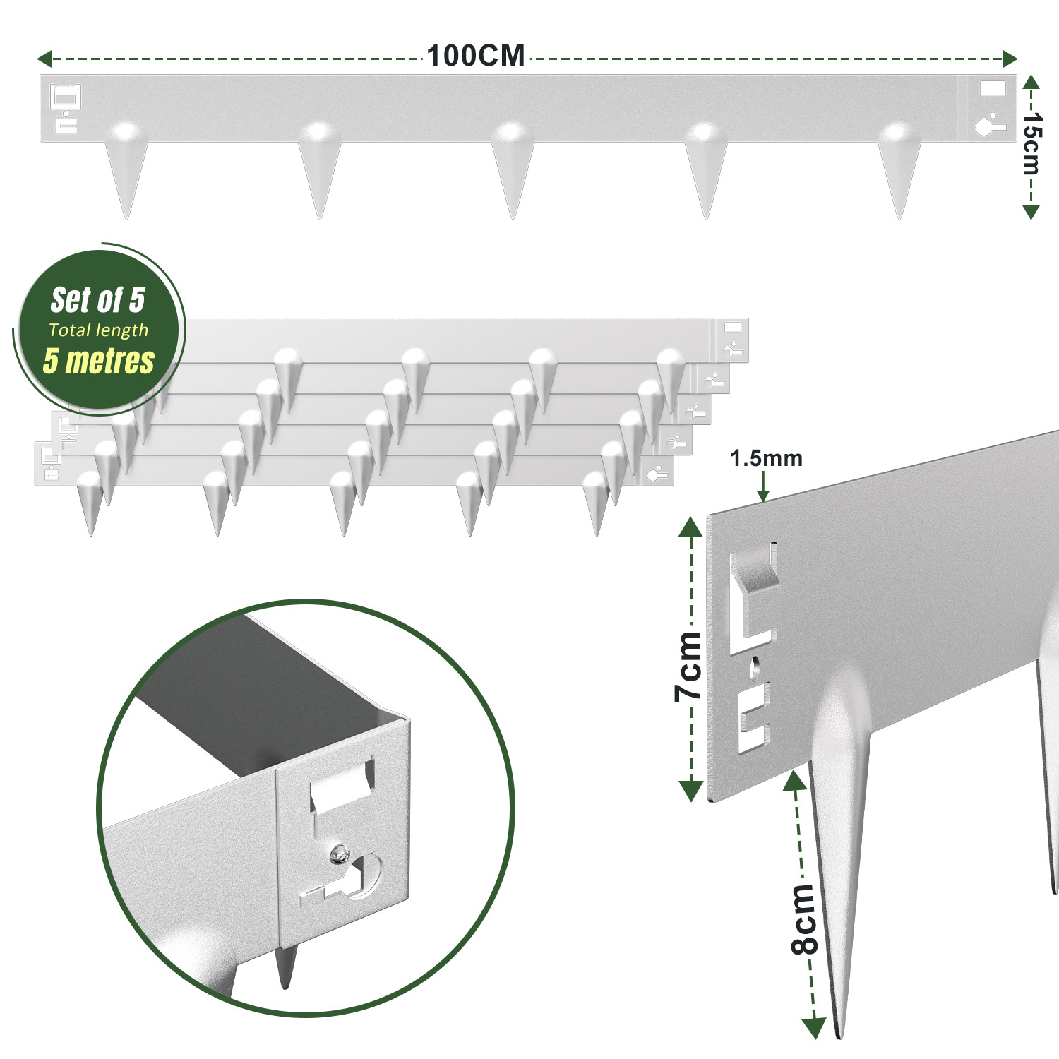 E-shop Rasenkante mit Spitzen 5-10M Metallwaren Rolle Pflanzen Schneckenabwehr Metall Verzinkt Wegkante Beetkante Dicke 0.8Mm Mähkante Robuster Stahl