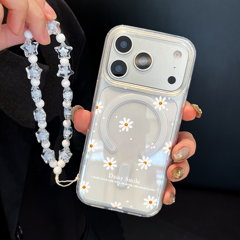 TEMU Phone Case: Star-shaped Lanyard Transparent Magnetic Phone Case Suitable For Iphone 18 Pro Daisy Smile Pattern Suitable For Iphone 17 Pro 15 Pro