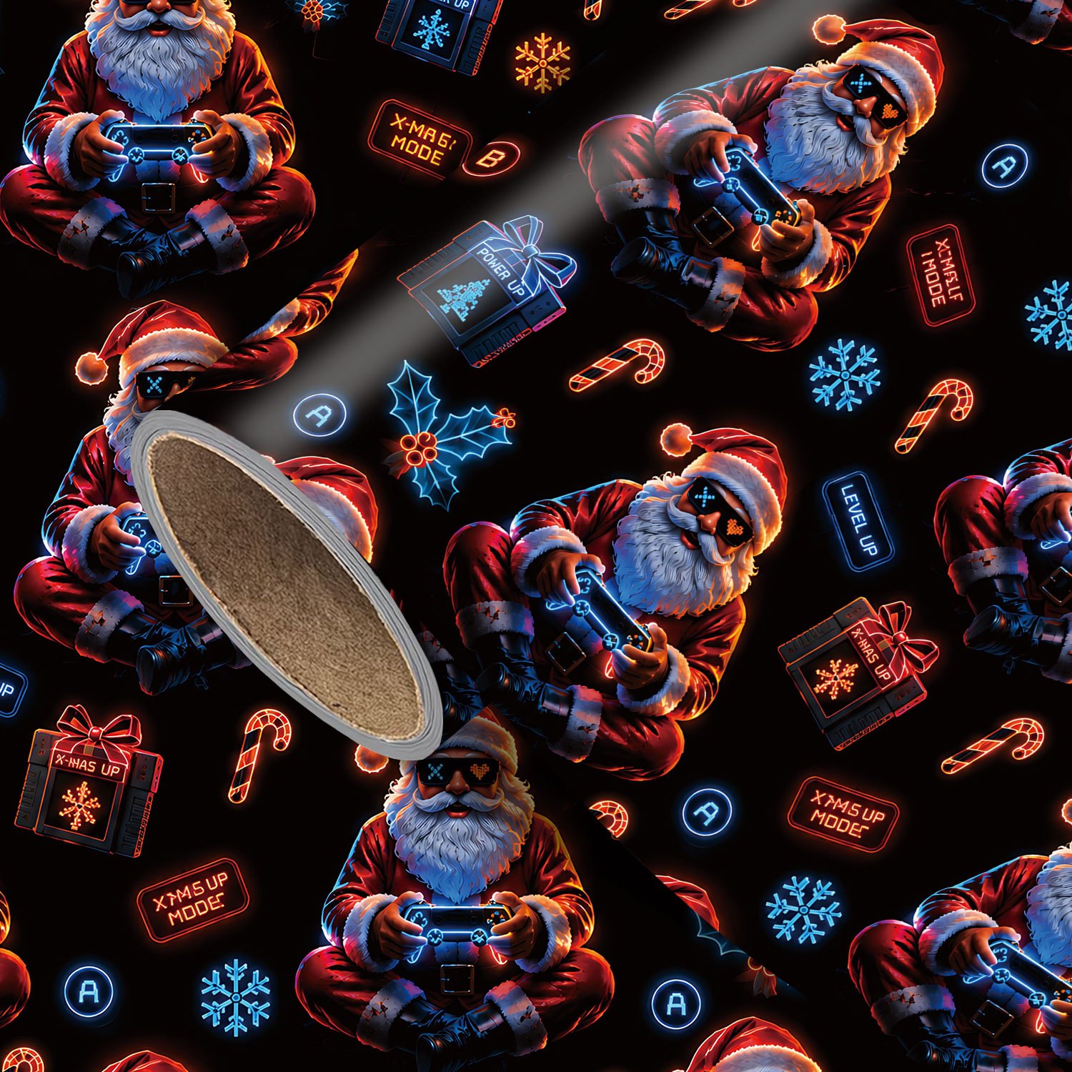 TEMU 1 Roll Neon Gamer Santa Christmas Wrapping Paper Suitable For Xmas Gifts, Holiday Party Supplies & Craft Projects - Neon Game Buttons, Retro