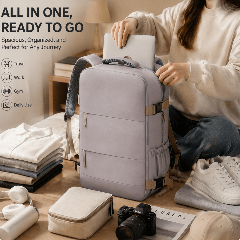 Large Capacity Multifunctional Travel Backpack Compatible For Carry-on Laptop, Oxford Cloth Daypack With Adjustable Straps & Zipper Closure, / Suitable For Trips, Gym, Office,, Overnight For
