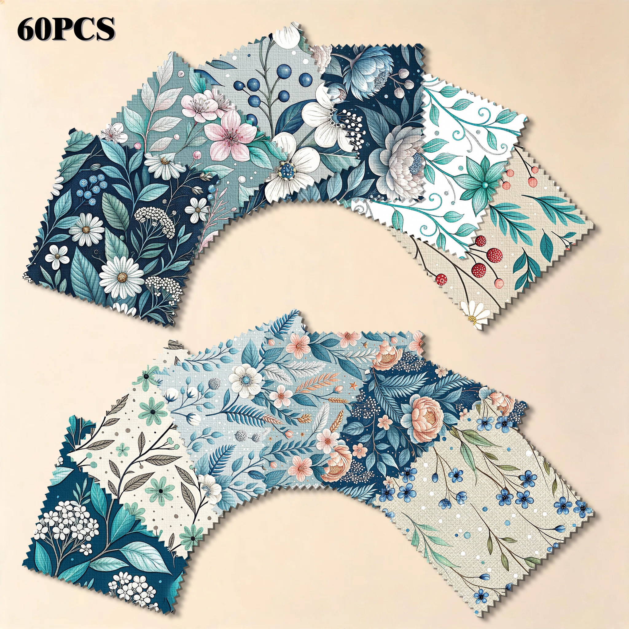 TEMU 60 pièces de tissu prédécoupé de 5 pouces avec bords dentelés, série d'imprimés floraux style forêt jazz bleu, comprenant des hortensias, des