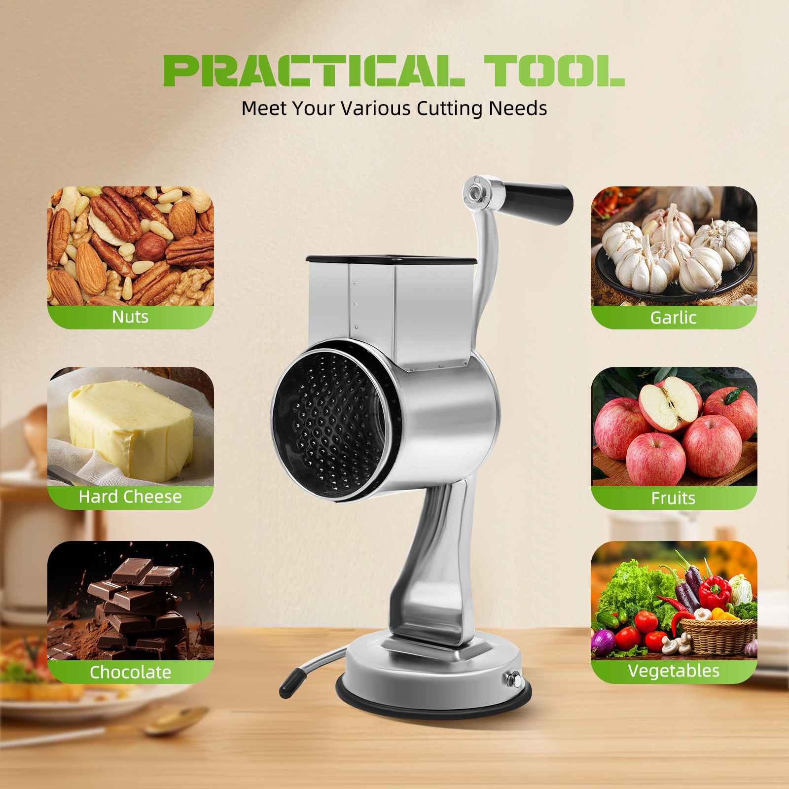 Râpe à Fromage Rotative Manuelle - Tambour Acier Inoxydable - Noir - 27x6x7.2cm - Pour Fromages Durs Et Légumes