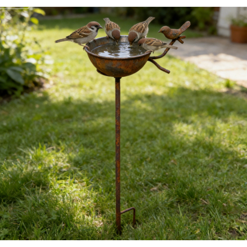 E-shop [3D] Retro Vogeltränke-Pfahltopf aus verrostetem Eisen, Gartendeko Vogelfutter-Schale, Außendekoration für Garten, Hof, Terrasse, rustikaler