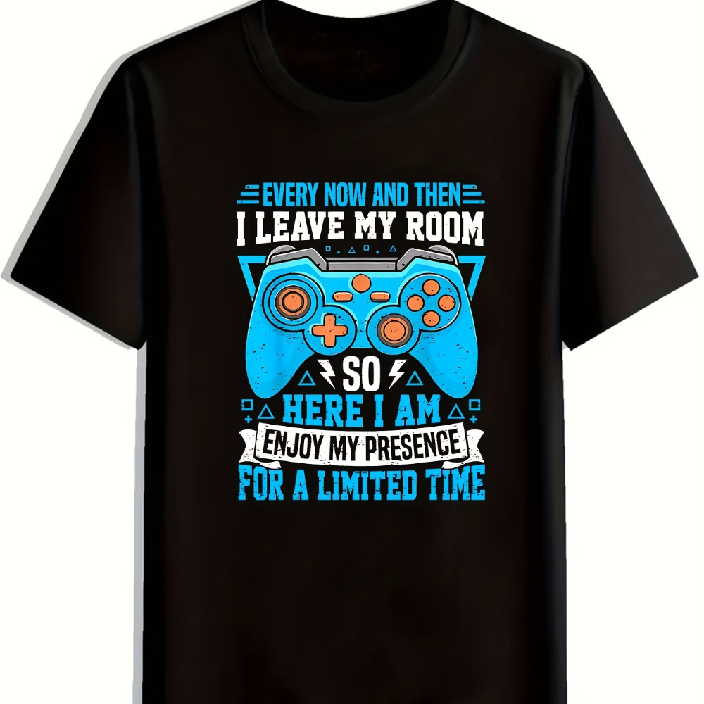 

1pc Men's Casual Crew Neck T-shirt With Gaming Controller Print, Short Sleeve, Regular Fit, Summer Knit Fabric Top For Weekend Casual Wear, Letter Print, Daily Casual Shirt