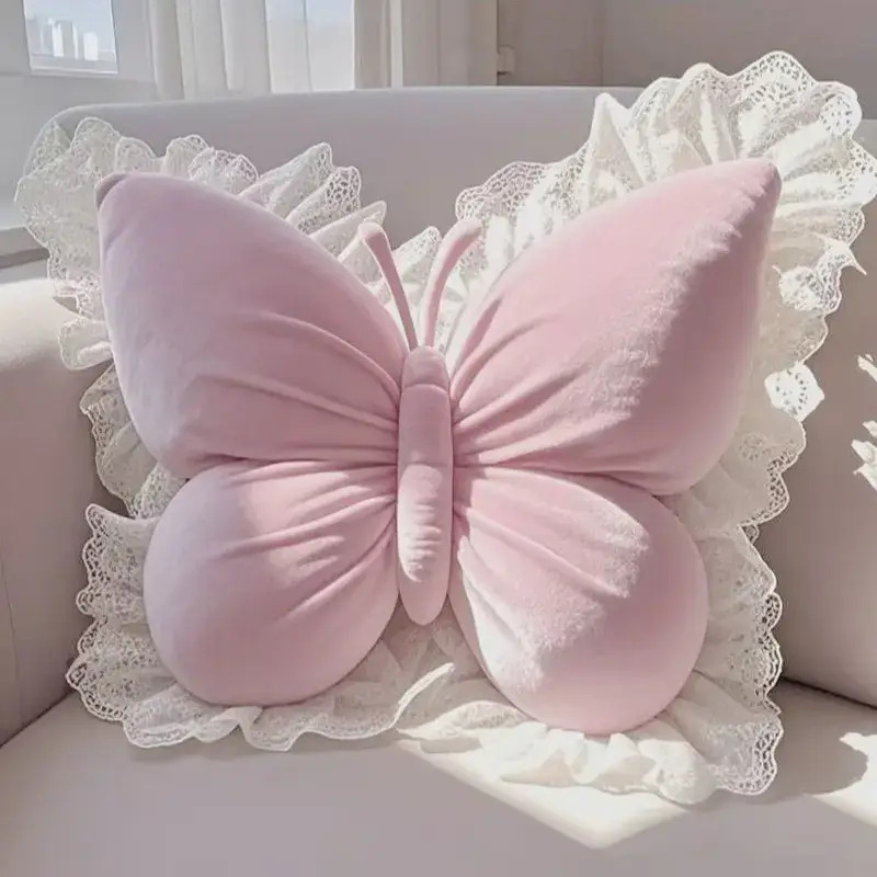 Butterfly-shaped Home Decor Throw Pillow with White Lace Trim, Made of Luxurious Velvet Fabric and Polyester Fiber Filling. Suitable for Beds, Sofas, Carriages, and Office Spaces. Perfect for Living Rooms, Bedrooms, Weddings, Birthdays, and Other
