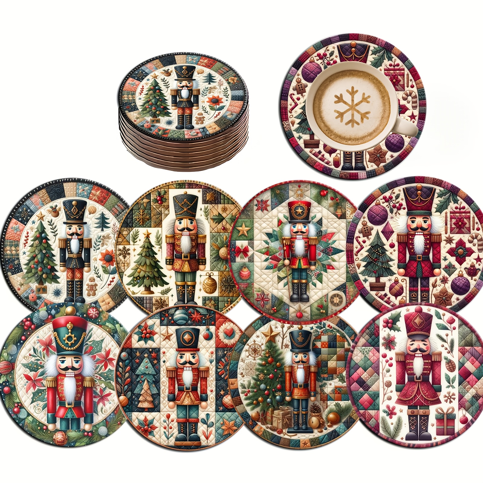 TEMU 8pcs Nutcracker Soldier Coaster Set - Wood Heat-resistant Non-slip Suitable For Coffee, Tea & Drinks - Nutcracker-themed Table Protectors For