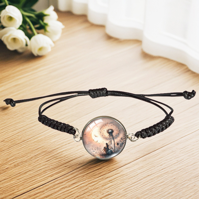 TEMU Fairy With Dandelion Picture Black Weave Bracelet | Fashion Handmade Bracelets, Non-magnetic, Synthetic Fiber Rope, Non-precious Metal Plating,