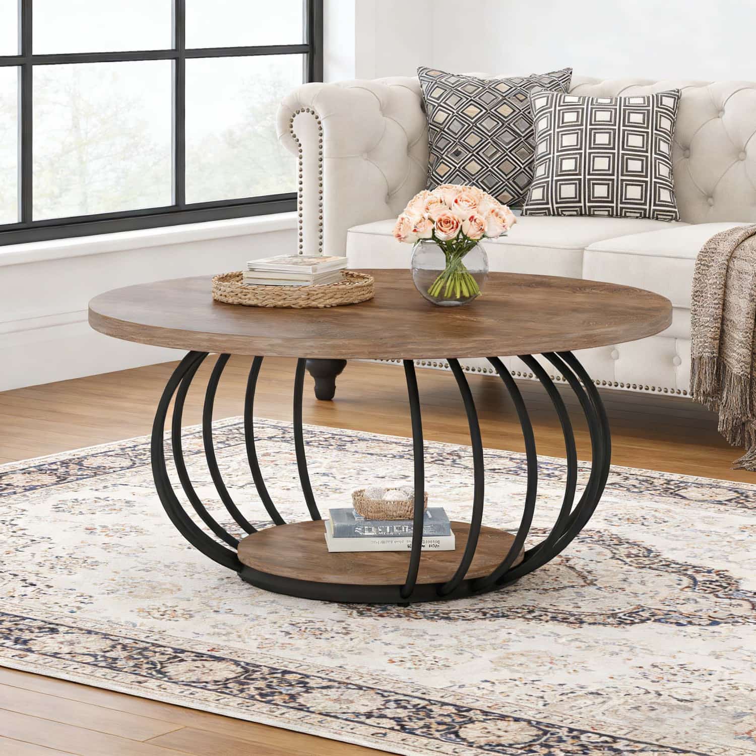 Round Coffee Table with Storage, 2 Tier Industrial Center Table with Wooden Shelf and Metal Frame, 100 X 100 X 46cm Circle Cocktail Table for Living Room, Rustic Brown and Black(1pc)