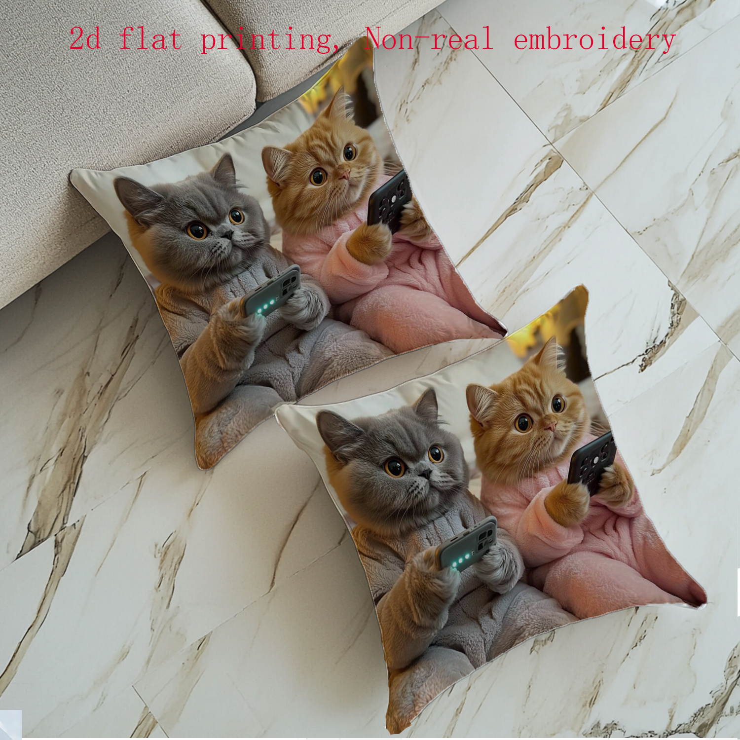 TEMU 2pcs Set, 2d Flat Printing, Modern Minimalist Style Pillowcase With Pet Theme, Featuring A Cat Using A Smartphone. Non-real Embroidery, Zipper