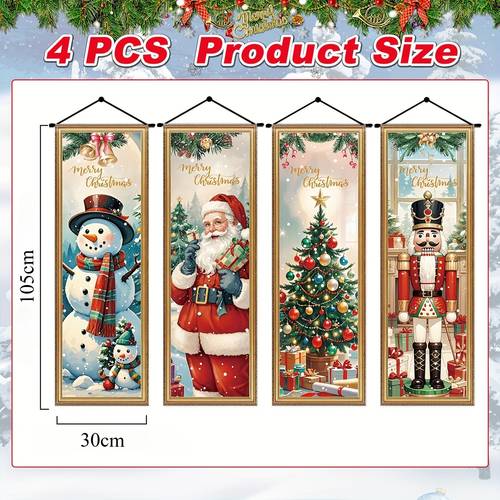2d flat 4pcs retro christmas banner with santa claus snowman reindeer decorations 2d flat suitable for home party no electricity required holiday decorations for festive decoration with merry christmas text 2d flatfor christmas
