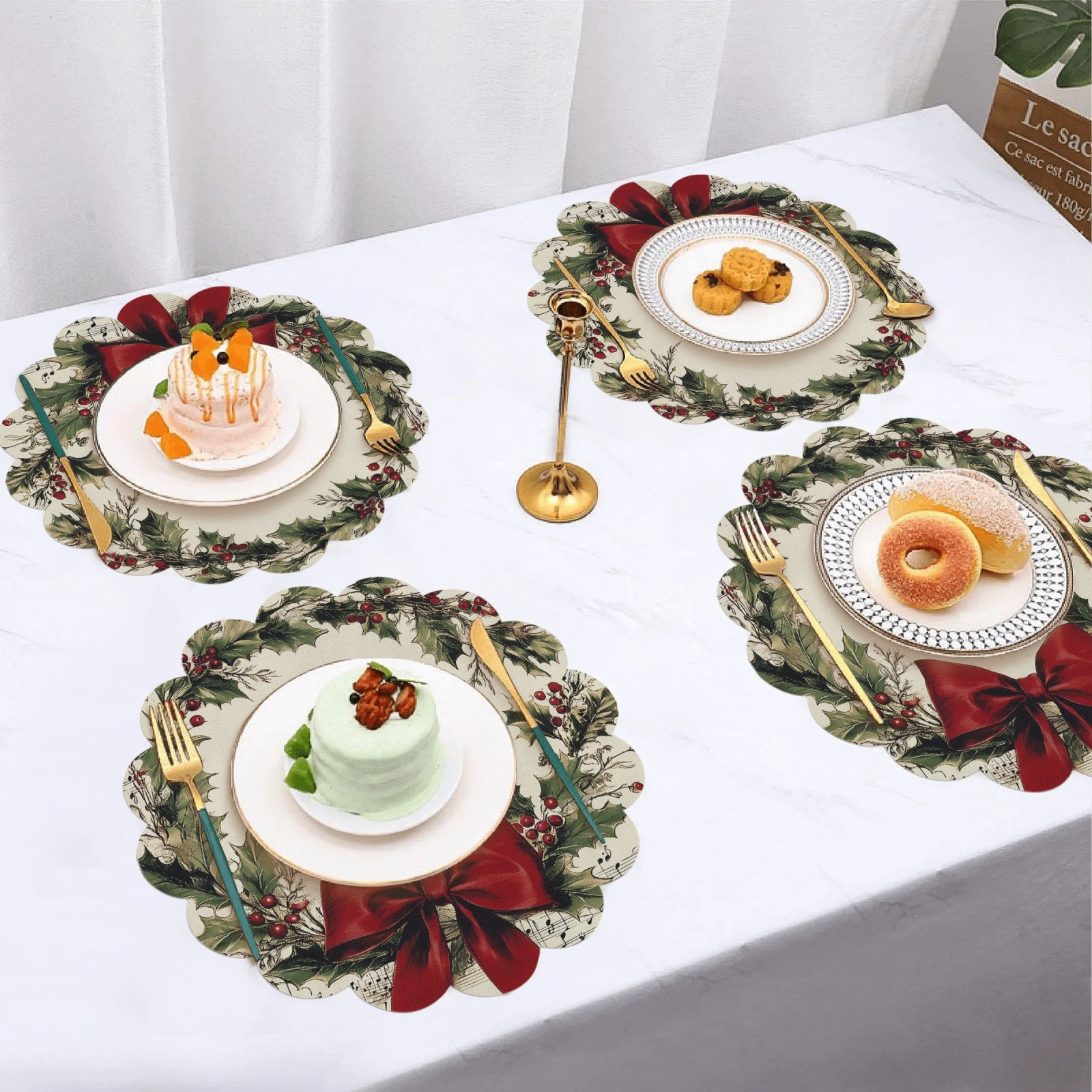 4pcs vintage wreath design round placemats with musical notes and red bow non slip machine washable polyester table mats for christmas   banquet and party dining decor Product details 0