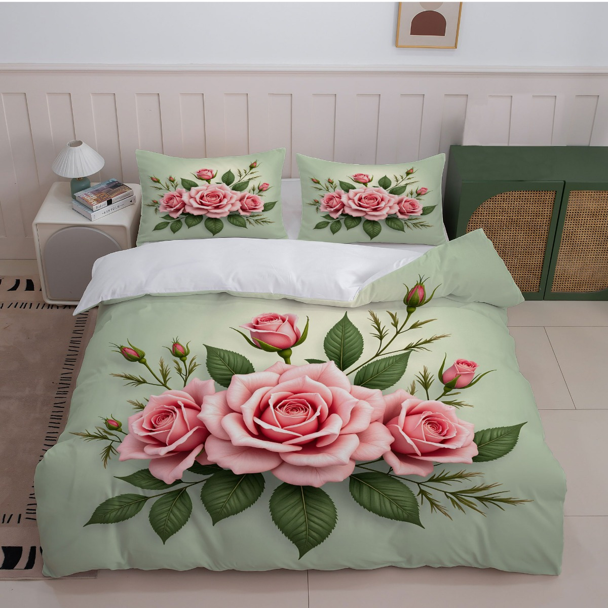 TEMU 3pcs Pink Rose Floral Bedding - Green Background   Pink Roses (1duvet Cover   2pillowcase, Without Core) - Perfect For Bedroom Decor