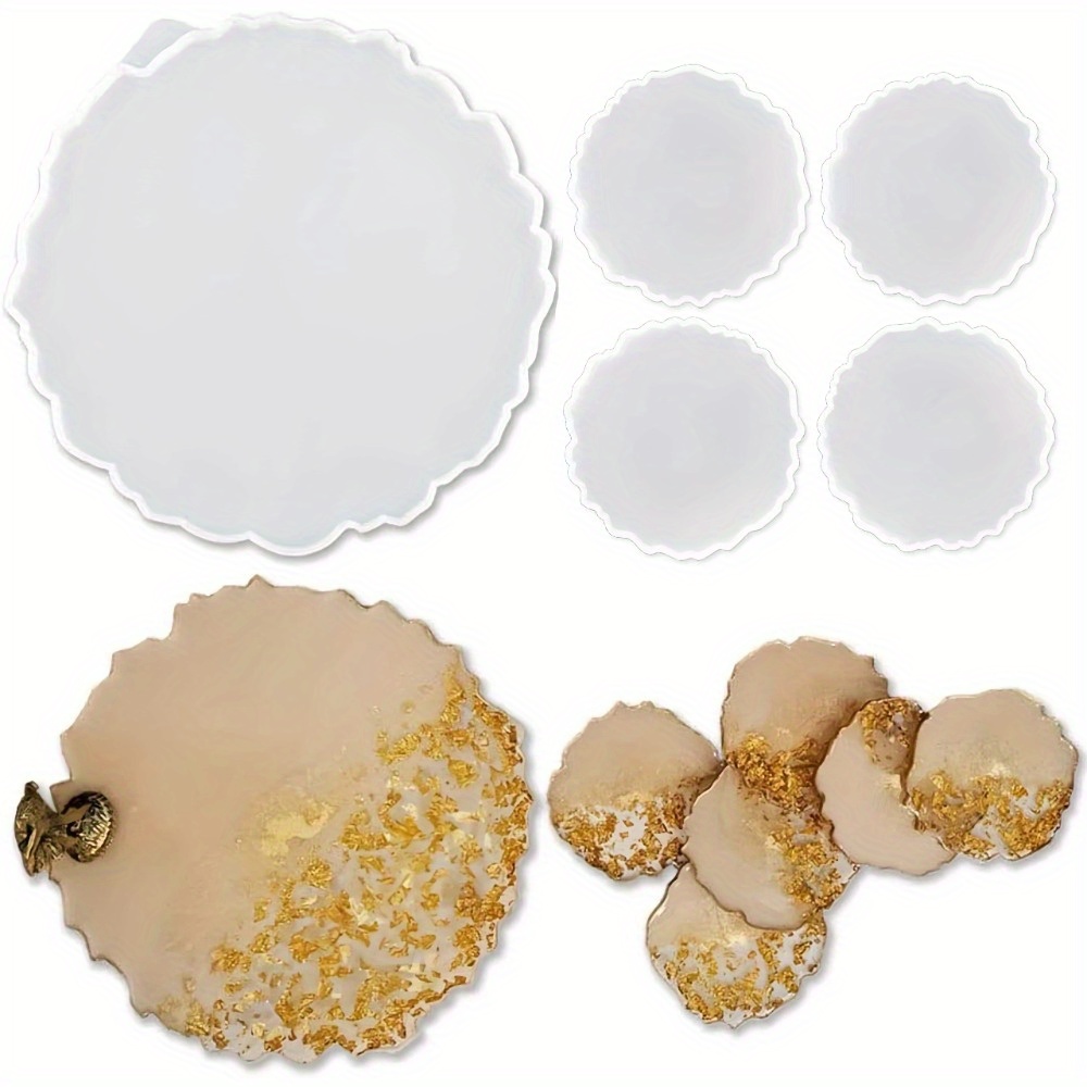 5pcs Silicone Resin Molds, 1pc Large Tray Mold For Resin + 4pcs Geode Agate Coaster Molds, Round Tray And Coaster Epoxy Molds Set