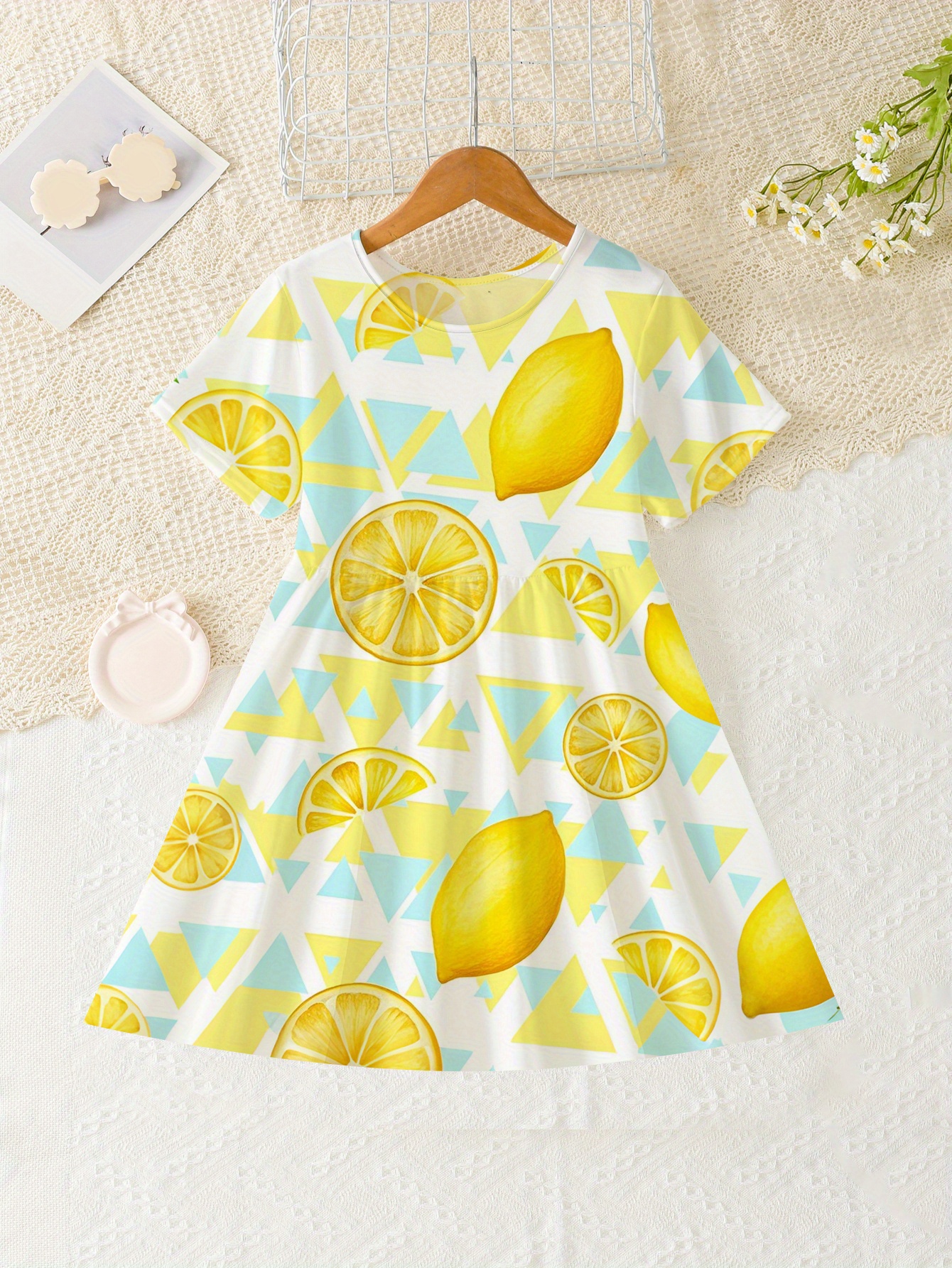 Girls' Lemon Print Short Sleeve Dress Vibrant Yellow Design, A-Line  Dress for Casual Parties, and Festivals, Cute Dresses