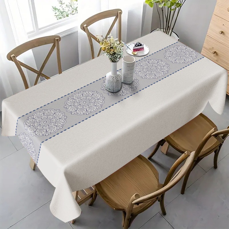 TEMU 1pc Tablecloth With A Gray Base And Blue Floral Pattern, Featuring A Long Strip Design, Conveying A European Vintage Style, Suitable For Holiday