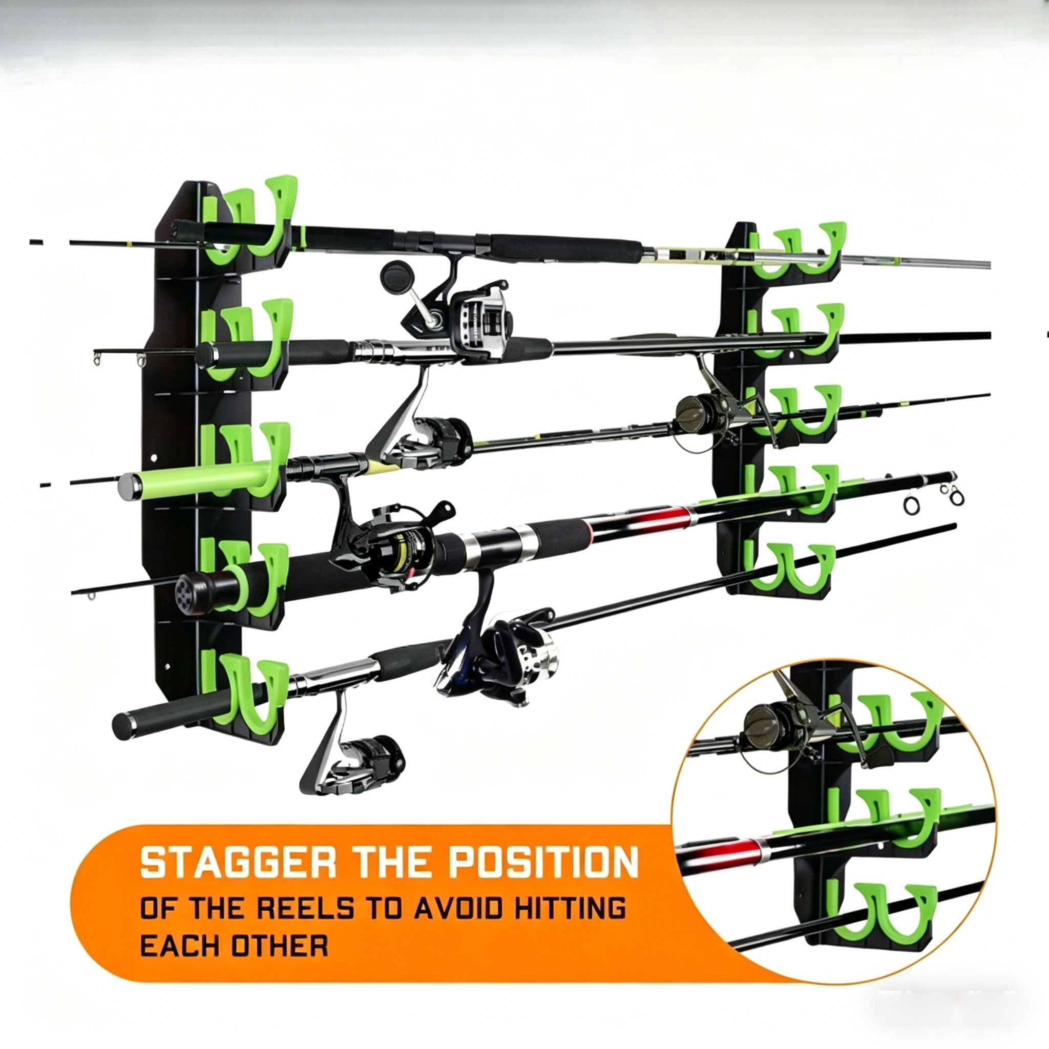 Image of Wall Mounted Fishing Rod Rack For 6 Rods Staggered Fishing Pole Storage Holder With Soft Rubber Hooks Garage Home Fishing Gear Organizer