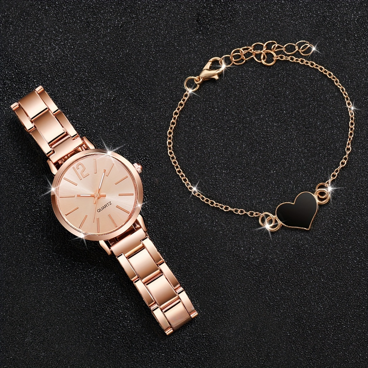 2pcs Watch and Bracelet Set Women Quartz Watch + Heart Bracelet Bling Rose Gold Accessories | 2pcs Watch And Bracelet Set Women Quartz Watch  main image 4