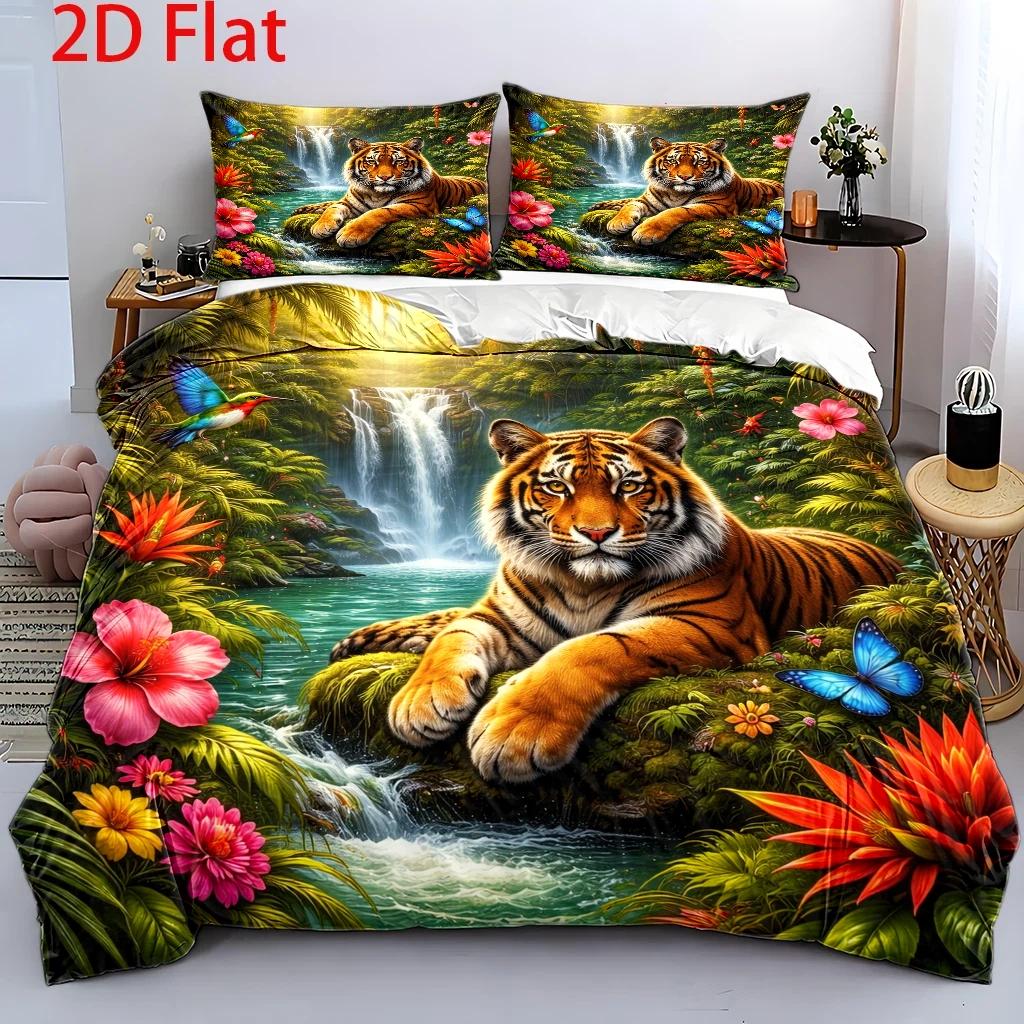 TEMU 3pcs Duvet Cover Set, 1 Duvet Cover   2 Pillowcases (no Filler), 2d Flat Printing, Tiger Jungle Waterfall Theme, -realistic Oil Painting Style,
