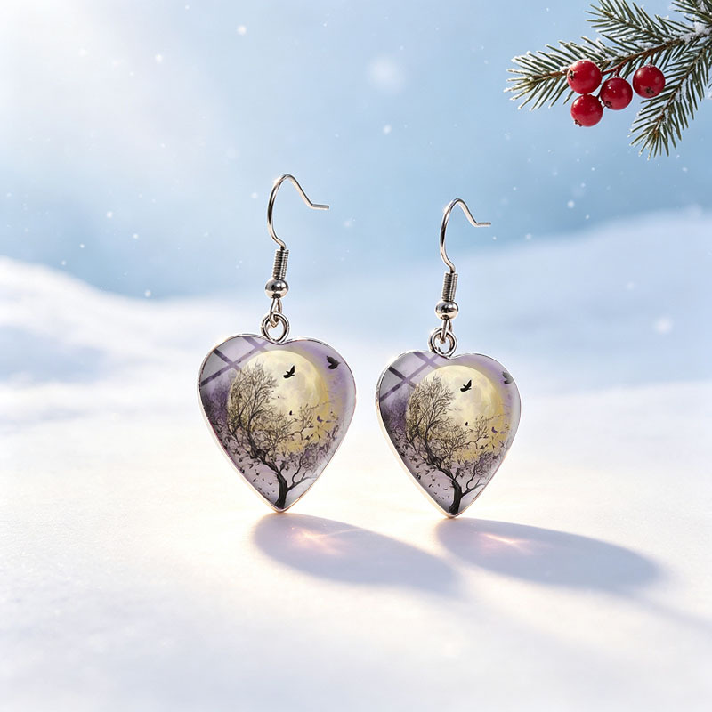 Unisex Glass Dome Dangle Earrings, Bare Tree & Purple Moon