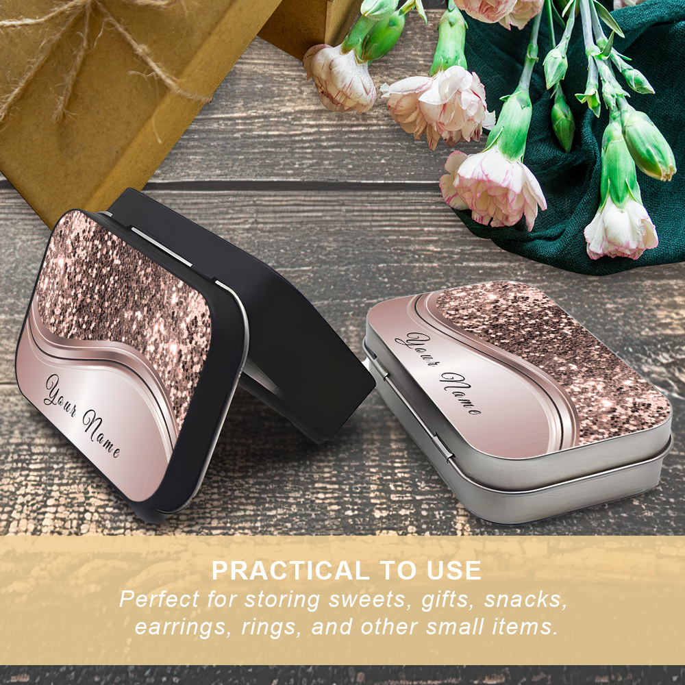 Personalized Glitter Name Text Metal Hinged Tin Box