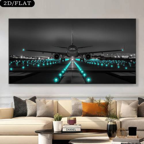 2d flat 2d flat modern frameless large canvas art blue light airplane landing scene aviation theme wall decor for living room bedroom home office 80x160cm large size panel suitable for home office study 2d flat design