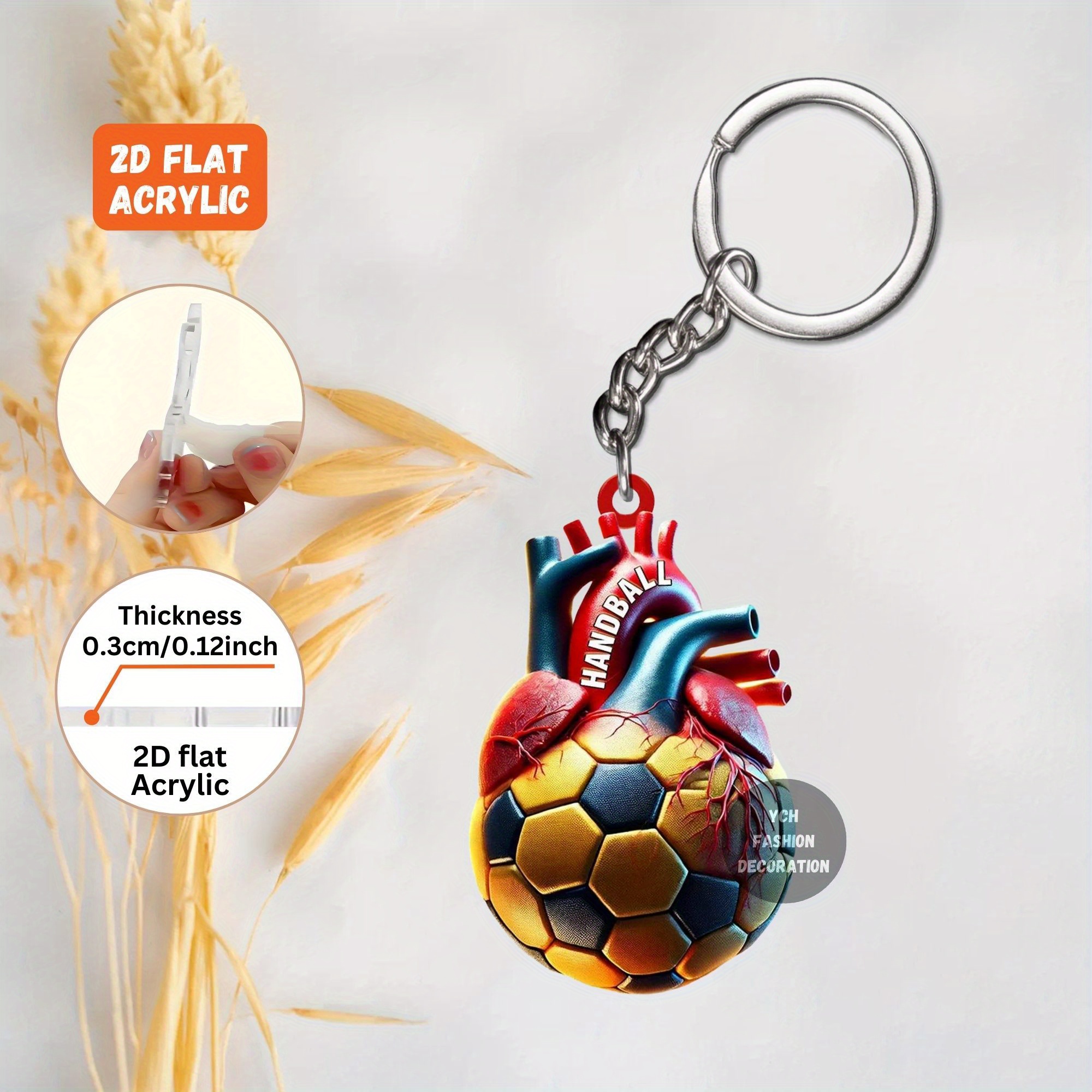 2d Flat - 1pc Of A Flat Acrylic Keychain Featuring A Heart Pattern And A Vibrant Soccer Ball Design, Perfect As A Gift For , With And Handball-themed Additions