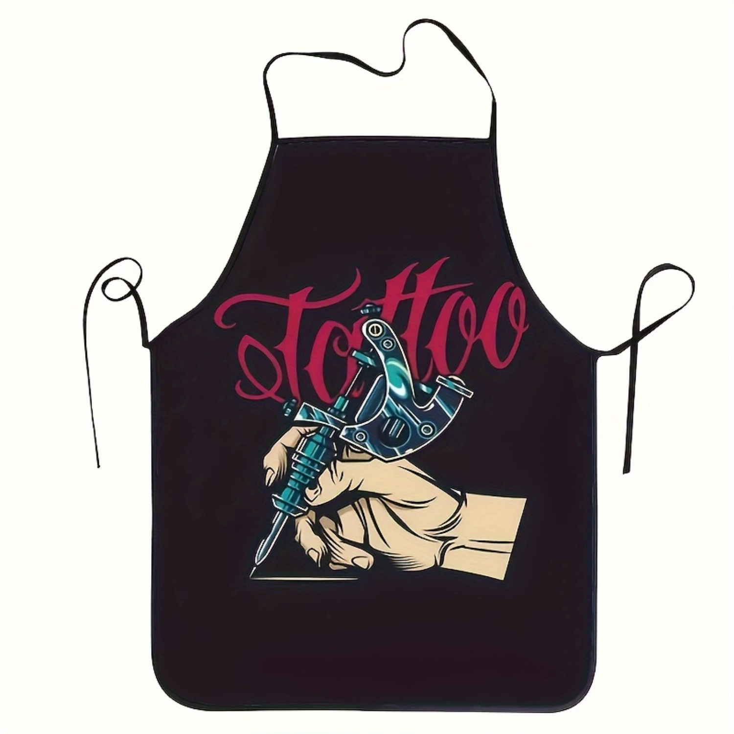 TEMU 1pc Tattoo Artist Graphic Apron - Durable Polyester, Black With Colorful Tattoo Design, Ideal For Cooking, Household Chores & Outdoor Bbqs, Bbq