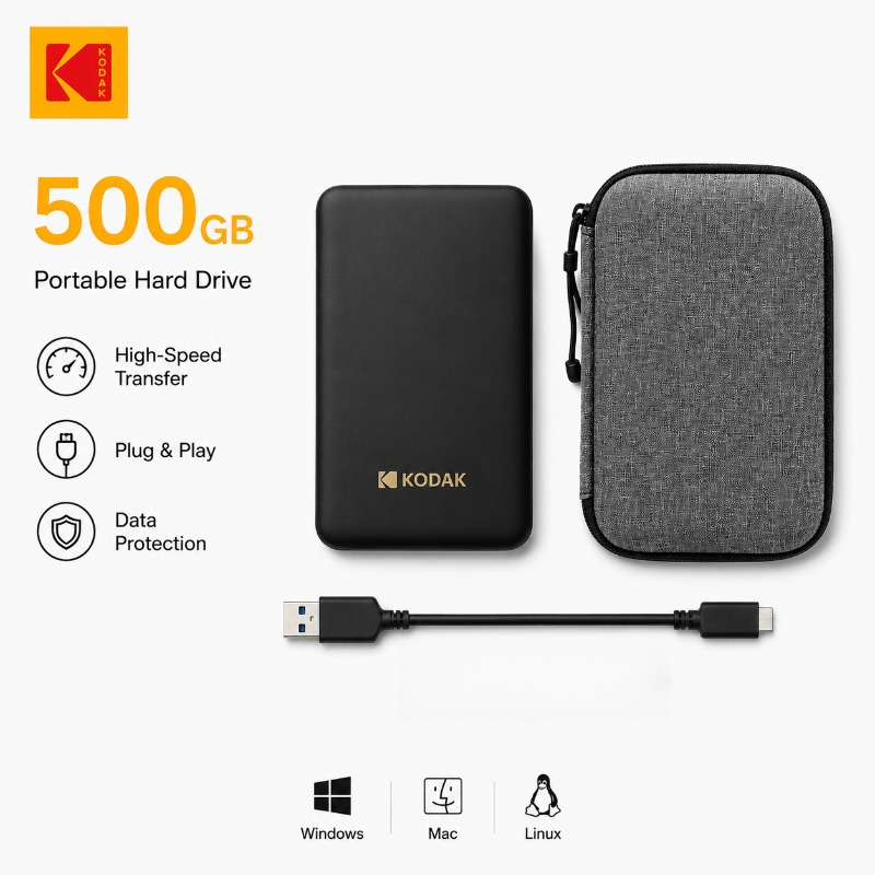 TEMU KODAK Disque Dur Externe Portable USB 3.0 avec Étui de Rangement de Voyage Antichoc, Kit de Stockage de Professionnel pour Photographie, ,