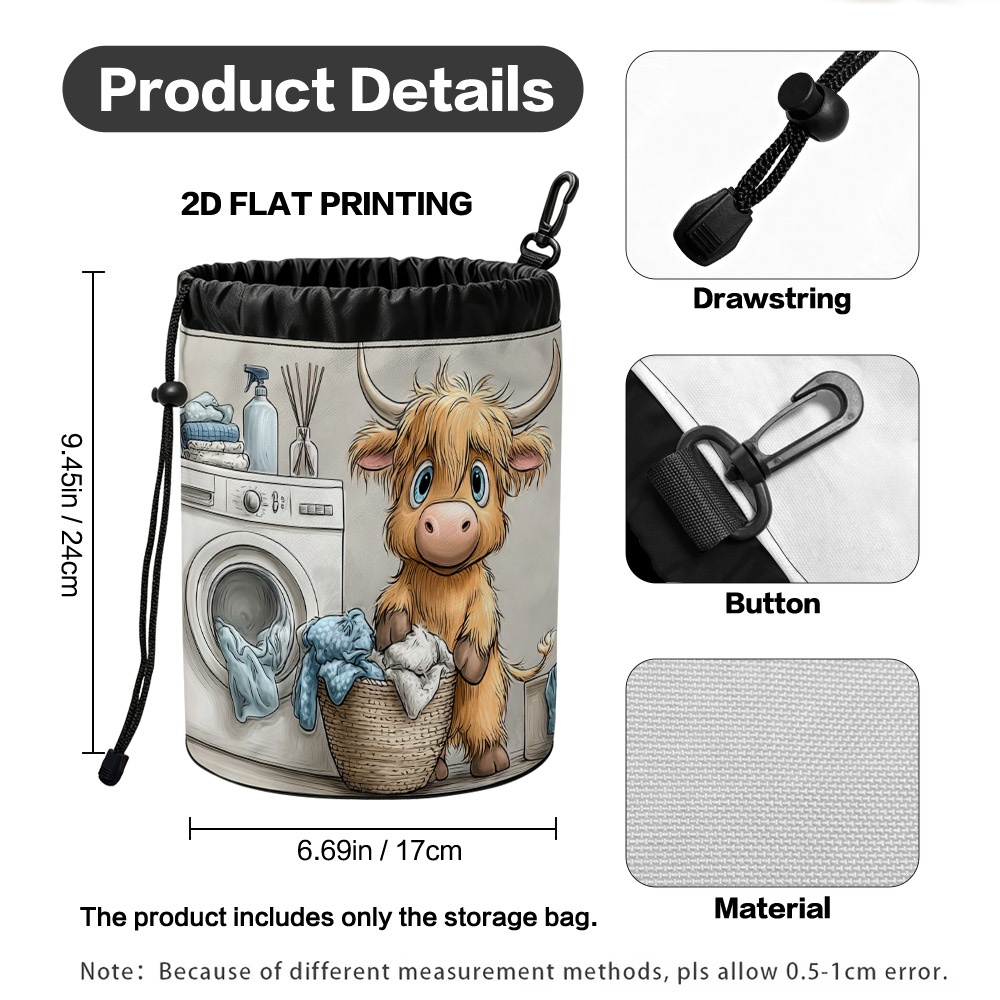 TEMU (2d Flat) 1pc Cute Highland Cow Laundry Day Clothespin Storage Bag With Safety And Drawstring For Closet, Clothesline, Home Decoration, Hanging