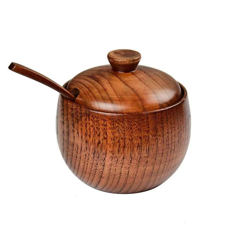 TEMU 2pcs/1 Jar 1 Spoon Of Sour Wood Seasoning Jar, Wooden Retro Salt Jar With Lid Seasoning Jar Condiment Jar Set, Suitable For Home Kitchen,