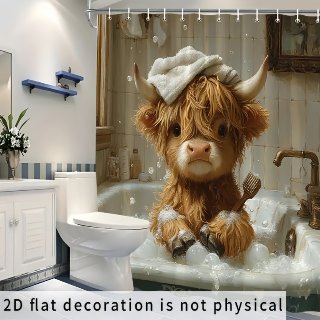 TEMU 2d Flat, 2d Curtain 1pc, Cute Highland Calf Taking A Bath Pattern Shower Curtain, Featuring A Warm Vintage Bathroom Background Design, Suitable