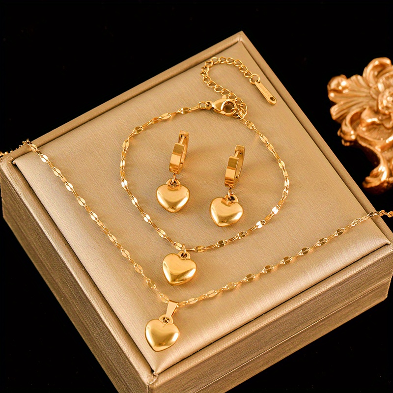 E-shop 18K vergoldenetes Herzförmiges Halsketten, Armband- und Ohrring-Set aus 316 Edelstahl, leichtes Luxus-Schmuckset, Damenmode-Schmuck, Geschenke