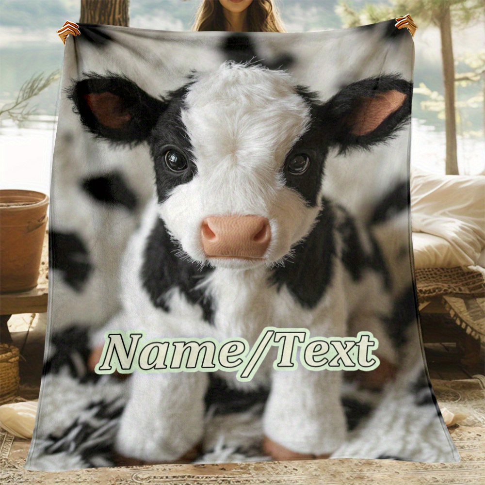 

Customizable Cow Print Flannel Throw Blanket - 1pc Personalized Name, Cozy Lightweight Fleece Blanket For Sofa, Bed, Travel, Office, No Feathers, Electricity-free, Polyester Material, Ideal Gift For