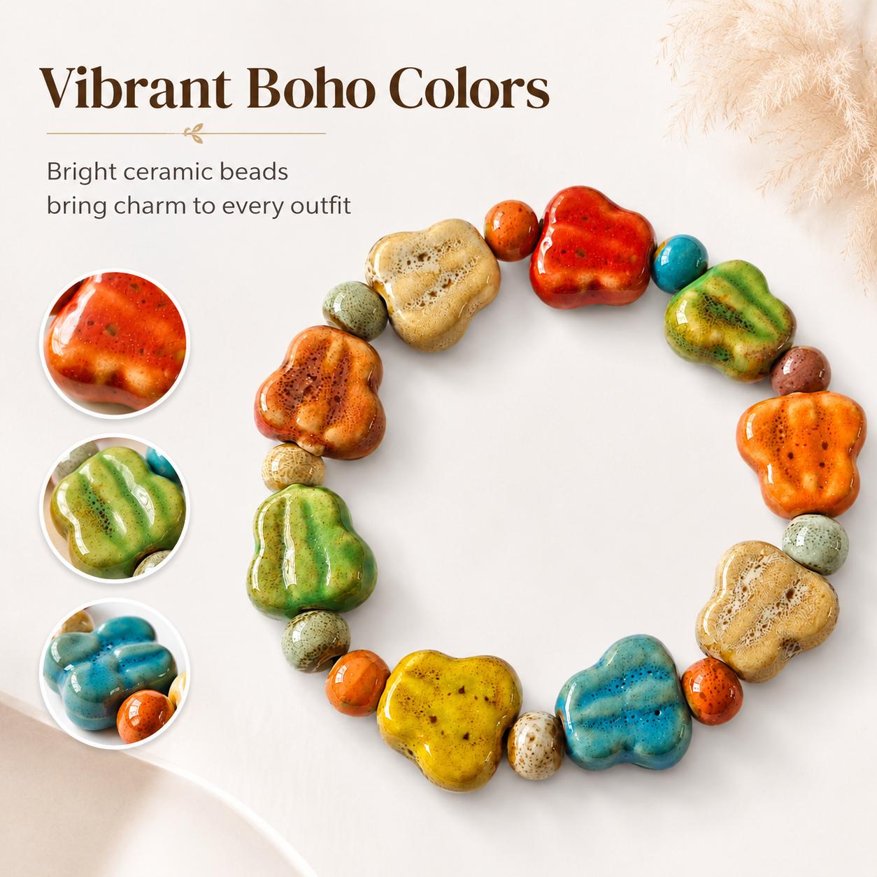 Colorful Ceramic Beaded Stretch Bracelet, Boho Handmade Look