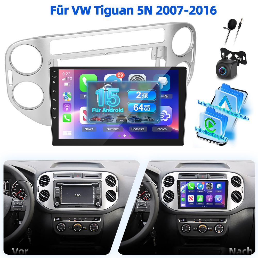 Image of 15 Car Radio 2gb+64gb Carplay Autoradio Radio For Vw Tiguan 5n 2007-2016 Car Stereo With Auto, 9 Inch .5d Touch Screen Radio With Gps, Wifi, Eq, Bt, Swc, Fm Rds Radio With Camera And Mic