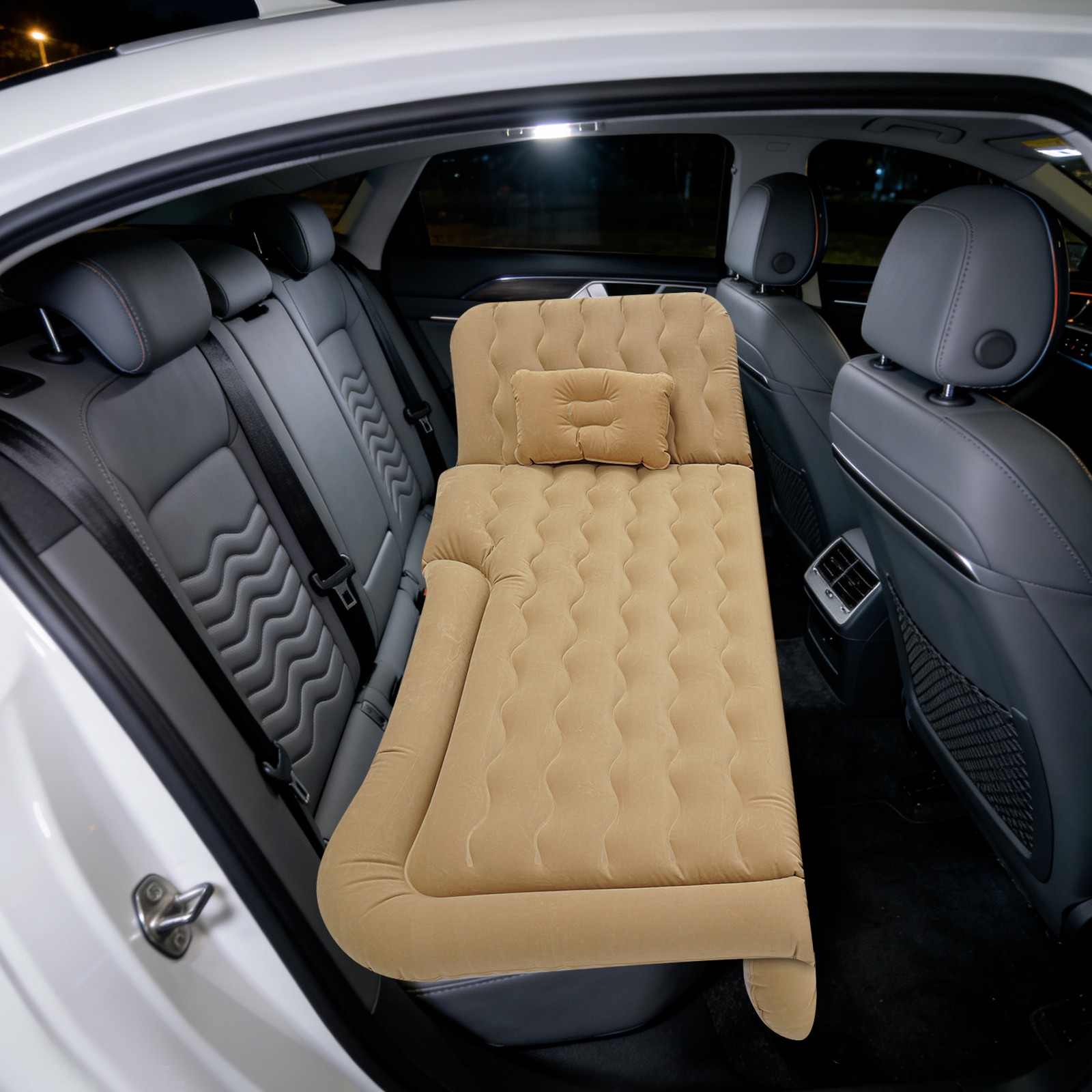 Image of Beige Suv Inflatable Car Air Mattress, Skin-friendly Flocking Pvc Waterproof Sleeping Bed, 300kg Load Rectangular Air Bed With Dc12v Air Pump For Trip Off-road Travel, 174 X 126cm