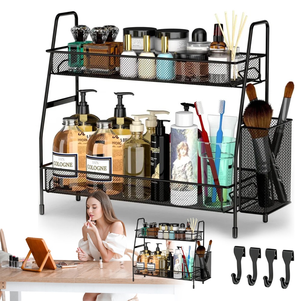 1set Double-layer Kitchen Seasoning Storage Rack, Storage Rack Side Basket With 2 Pull Rods And 4 Hooks, Suitable For Kitchen, Bathroom, Bedroom And Office.