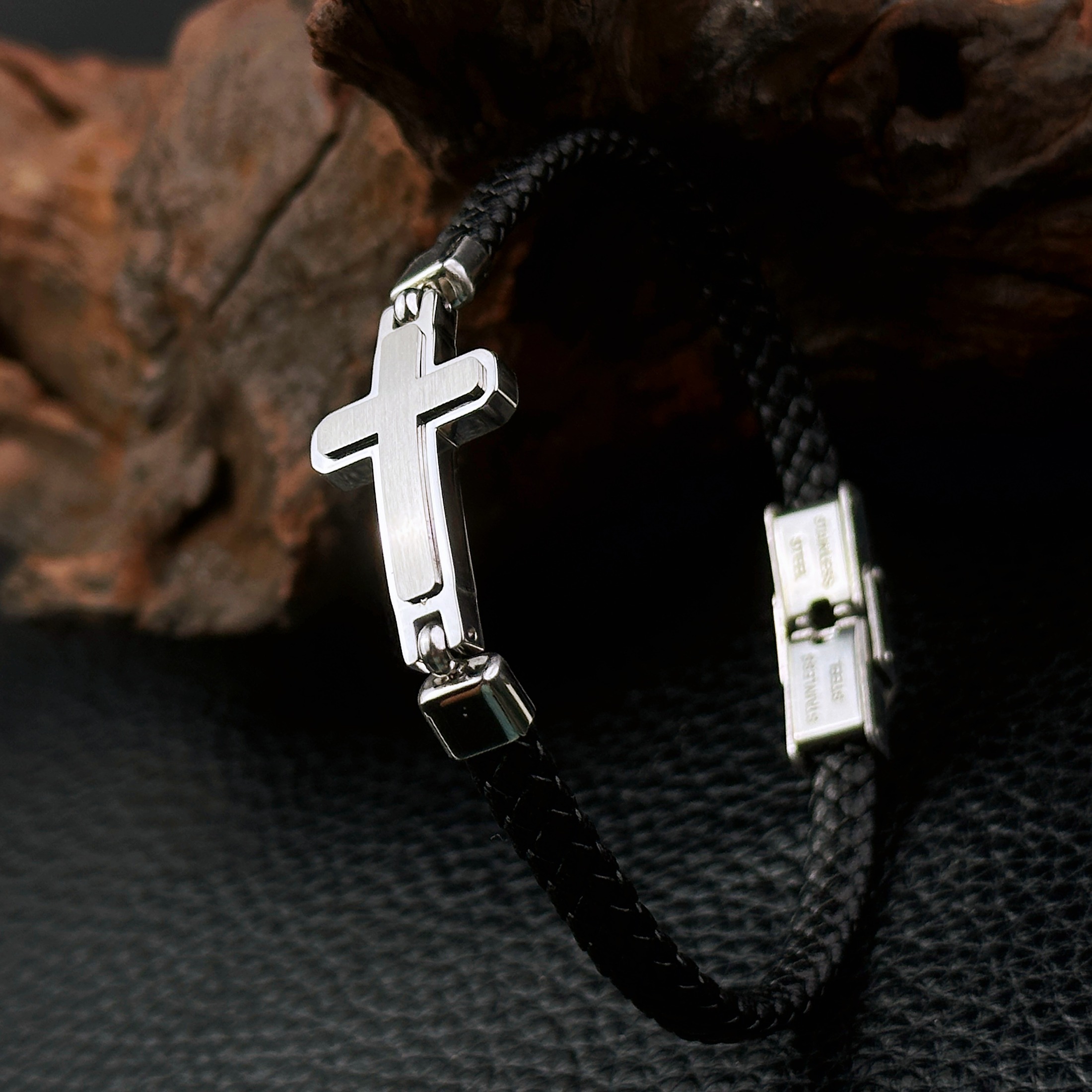 Image of 1pc 304 304 304 Stainless Large Cross Pattern Bracelet High Quality Men's Adjustable Braided Bracelet Black Versatile Style Braided Bracelet Daily Versatile