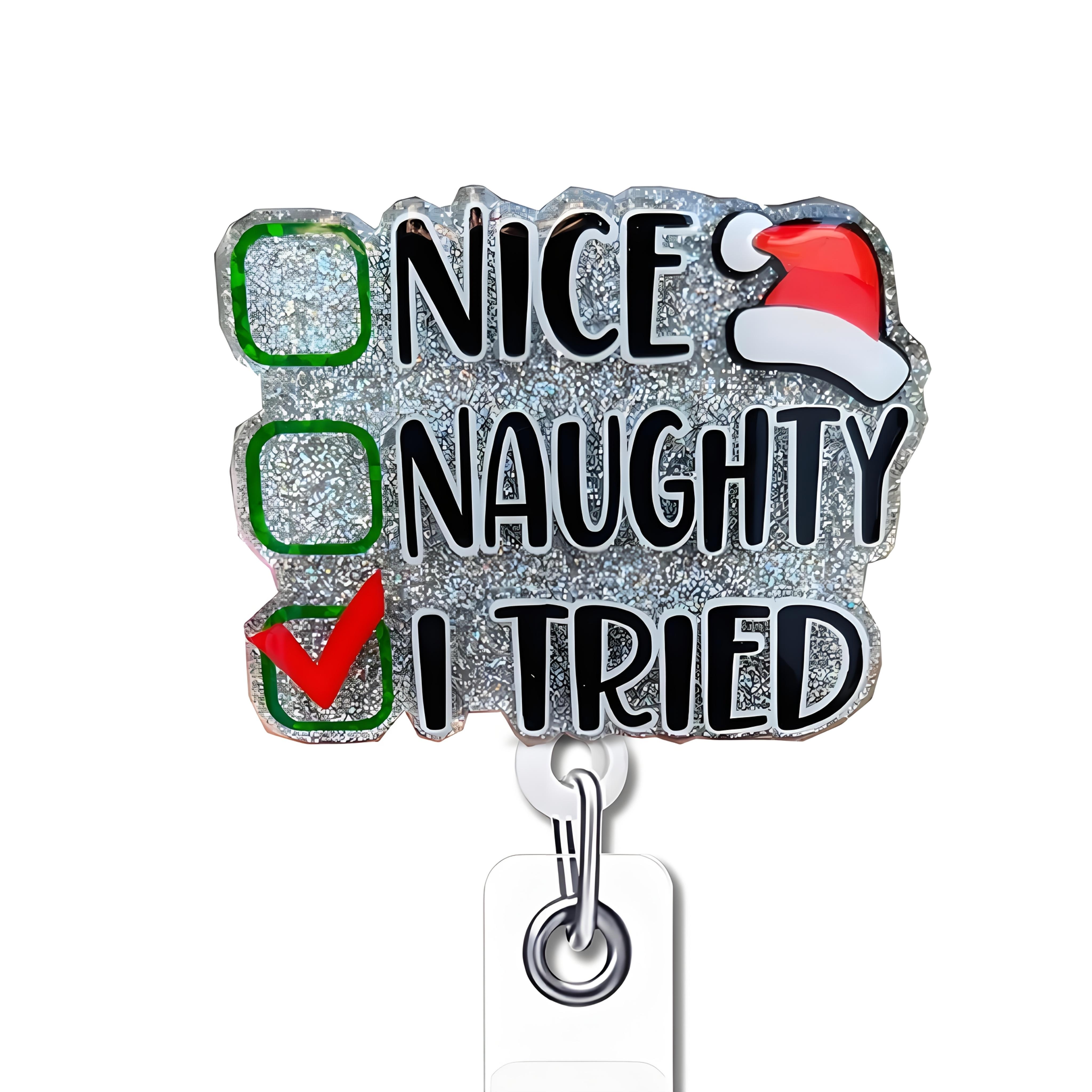 TEMU 2d Flat Acrylic, Stretchable Clip-on Id Badge Holder - Christmas " Good And Bad" Medical Name Tag Roll, Suitable For Nurses, Doctors, Hospital