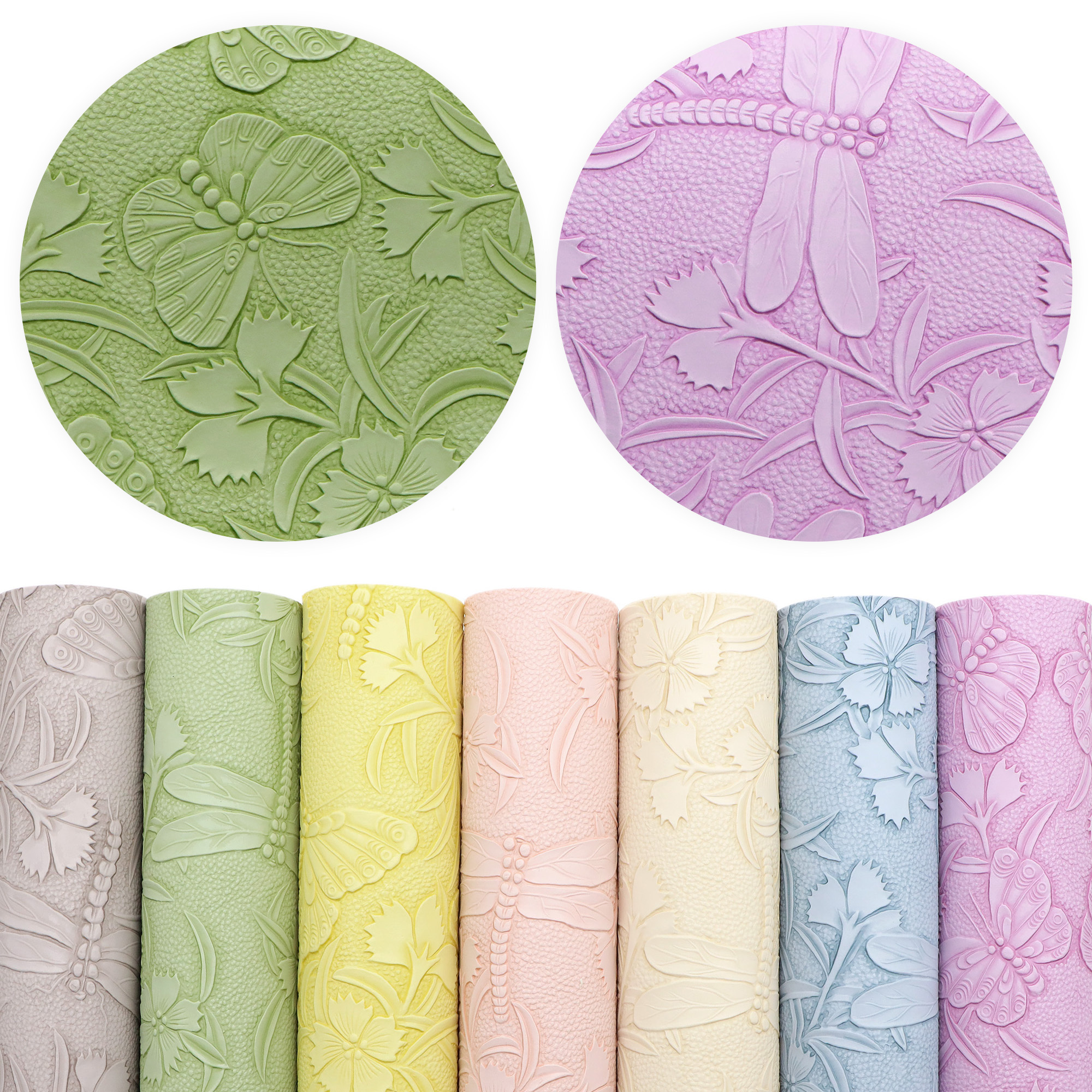 E-shop 7er-Set 7.87x12.99 Zoll Bump-Texturierter Kunstlederblätter Schmetterling Libelle Geprägter Kunstlederstoff Einfarbig für DIY Schmuckherstellung