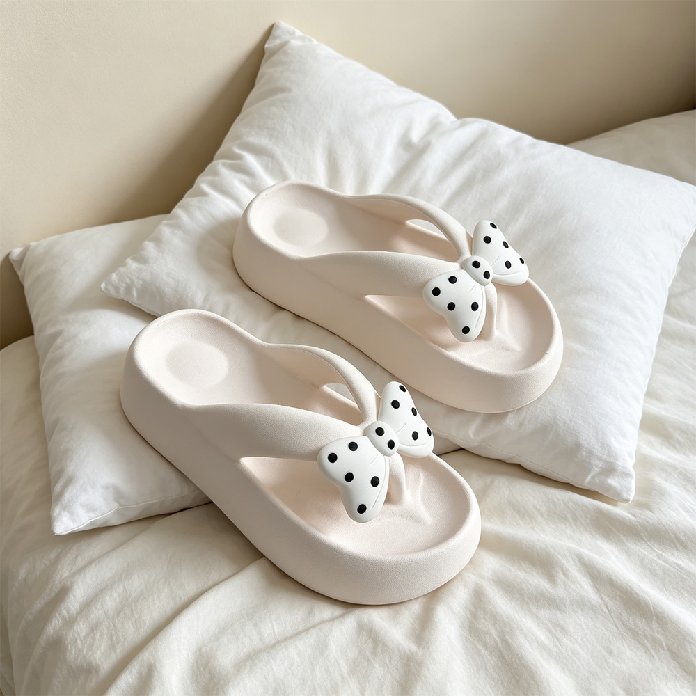 TEMU Cute Black Polka Dot Bow Women's Flat Platform Thong Sandals, Eva High-heeled V-shaped Sandals, Super Soft And Comfortable Summer Slippers,