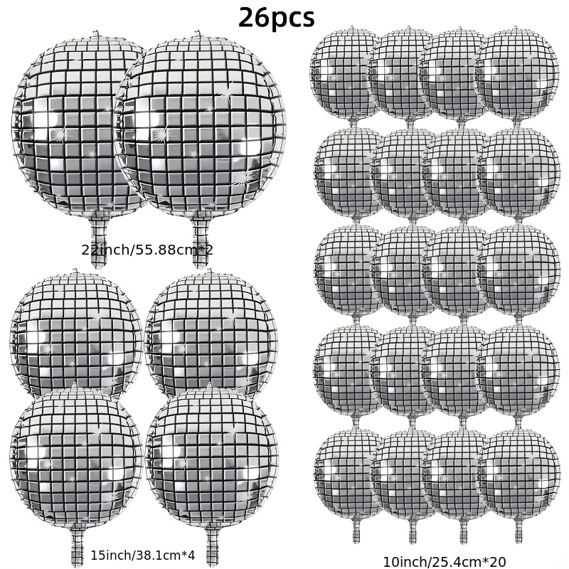 TEMU 26pcs Disco Ball Balloon Set - Includes 4d Large Disco Balloons (22 Inches, 15 Inches, 10 Inches) And Round Silvery Foil Balloons, Suitable For