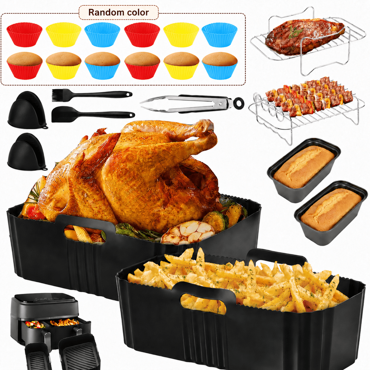 Image of 28pcs Air Fryer Accessories For Dual Air Fryer Af350 3l-6l Dual Air Fryers, Silicone Liners, Racks & Gloves, Tongs & Brush, Clip,cupcake Colors Are Random