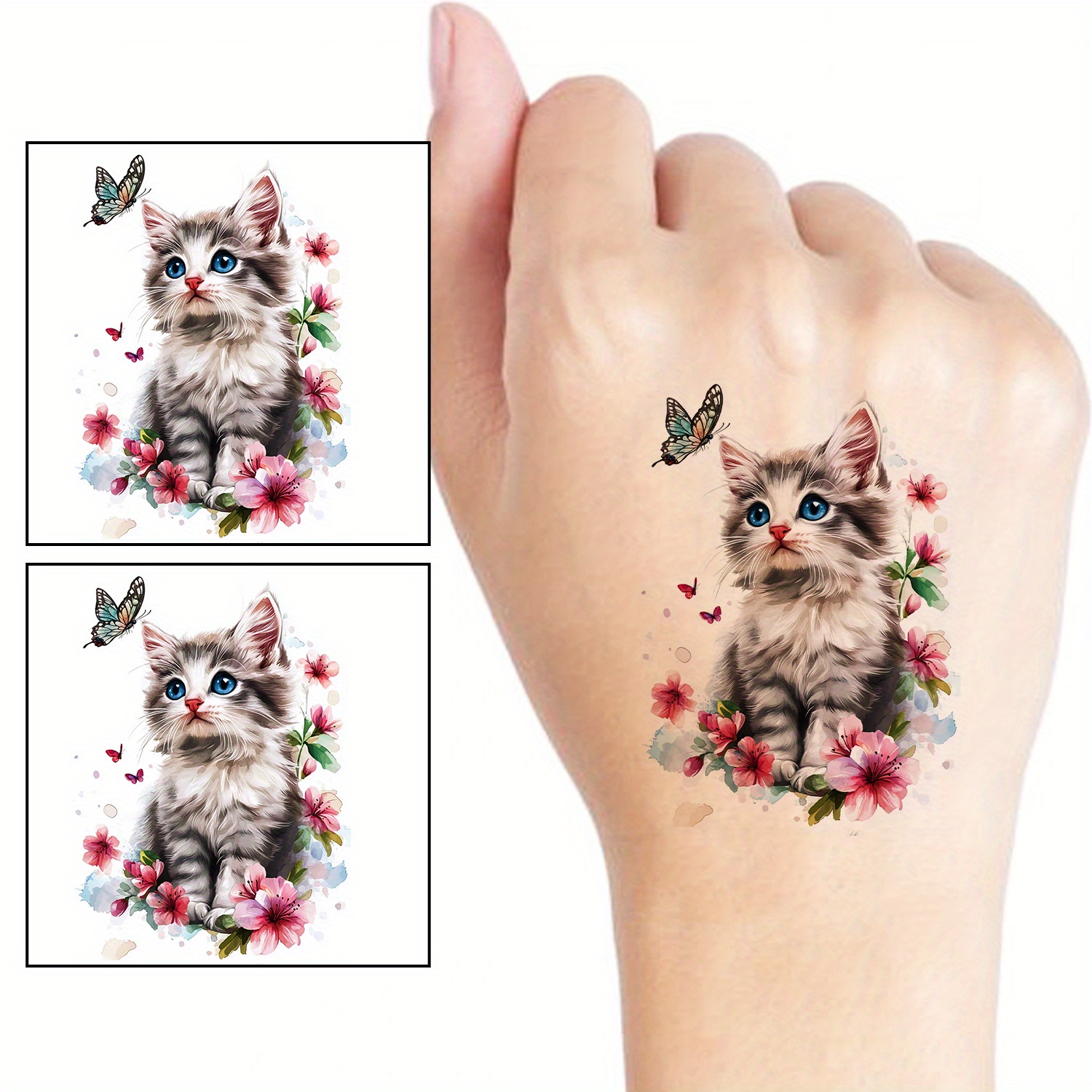 2 Sheets Realistic Cute Cat Temporary Tattoos Flower With Cat Tattoo For For Cat Lovers Birthday Parties Pet Celebrations