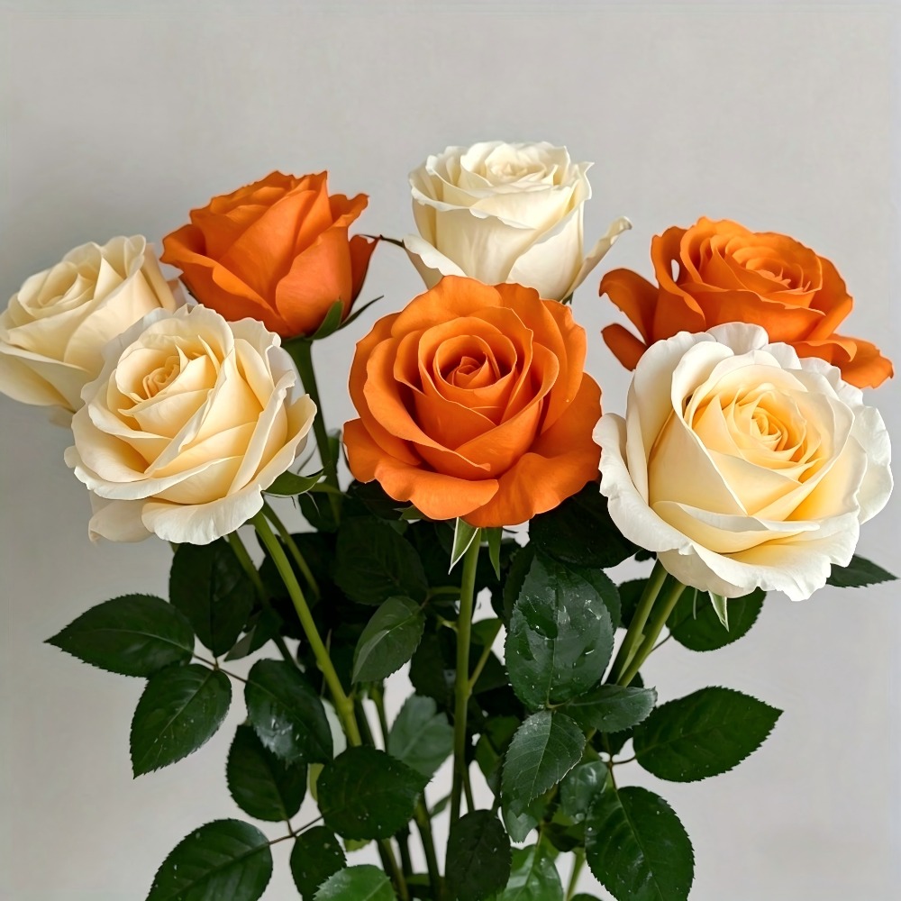 Image of 13pcs Multicolor Autumn Artificial Roses, And Orange Rose Long Stems, Realistic Rose Bouquet, Thanksgiving Wedding Home Party Office Decor