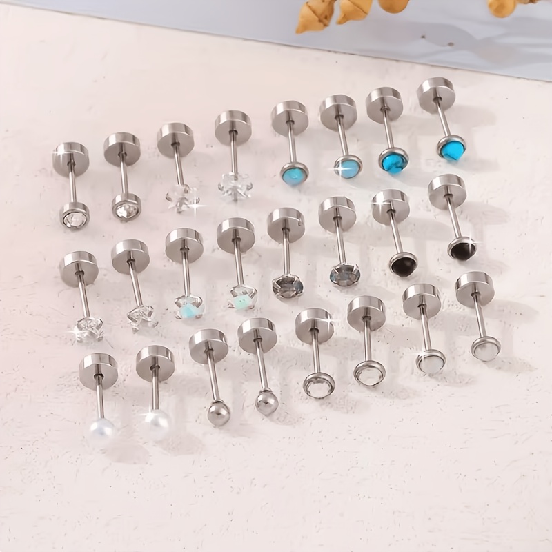 TEMU 24pcs/12 Pairs Korean-style Ins-inspired Exquisite Earrings, Stainless Steel Ball With Colored Synthetic Synthetic Zirconia, Hypoallergenic,